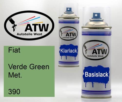 Fiat, Verde Green Met., 390: 400ml Sprühdose + 400ml Klarlack - Set, von ATW Autoteile West.